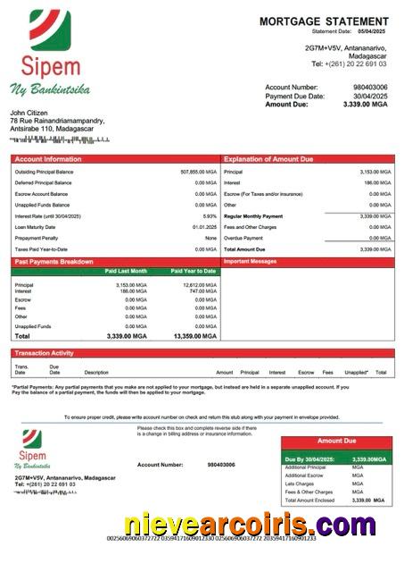 Madagascar SIPEM Banque mortgage statement Word and PDF template